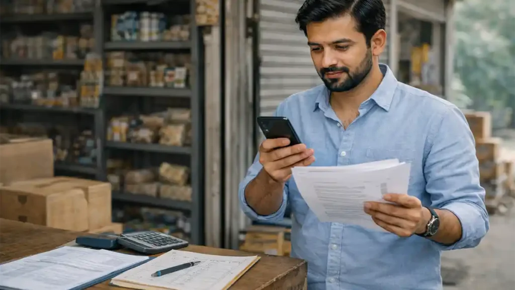 Small business owner in Punjab standing outside his shop while checking Asaan Karobar Card 2026 application details on a smartphone