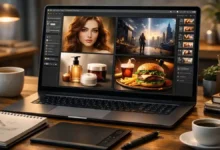Laptop on a modern creative desk showing different AI-generated images, including portrait, product, food, and digital art visuals