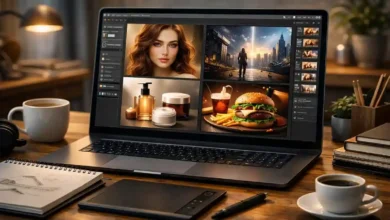 Laptop on a modern creative desk showing different AI-generated images, including portrait, product, food, and digital art visuals