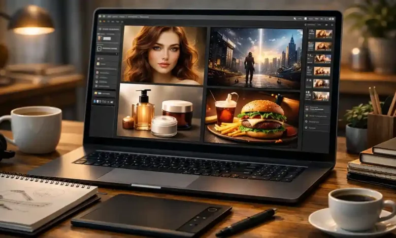Laptop on a modern creative desk showing different AI-generated images, including portrait, product, food, and digital art visuals