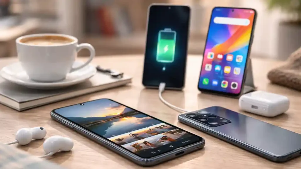Modern budget smartphones on a café table with camera gallery, charging screen, and home display for a best phone under 50000 in Pakistan guide
