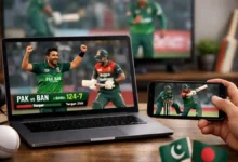 Laptop and smartphone showing Pakistan vs Bangladesh cricket highlights in a modern home viewing setup