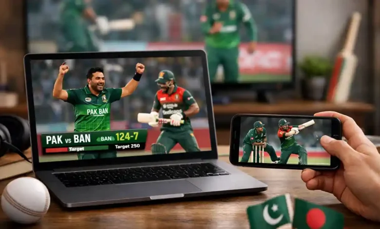 Laptop and smartphone showing Pakistan vs Bangladesh cricket highlights in a modern home viewing setup