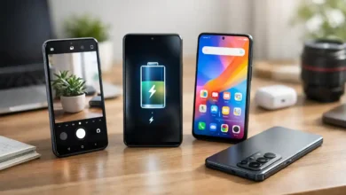 Modern budget smartphones on a desk showing camera, battery charging, and display features for a best phone under 50000 in Pakistan 2026 guide