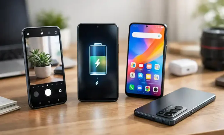 Modern budget smartphones on a desk showing camera, battery charging, and display features for a best phone under 50000 in Pakistan 2026 guide