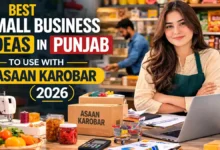 Young Pakistani entrepreneur in a modern small business workspace in Punjab with grocery products, sewing machine, laptop, and e-commerce parcels