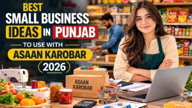 Young Pakistani entrepreneur in a modern small business workspace in Punjab with grocery products, sewing machine, laptop, and e-commerce parcels