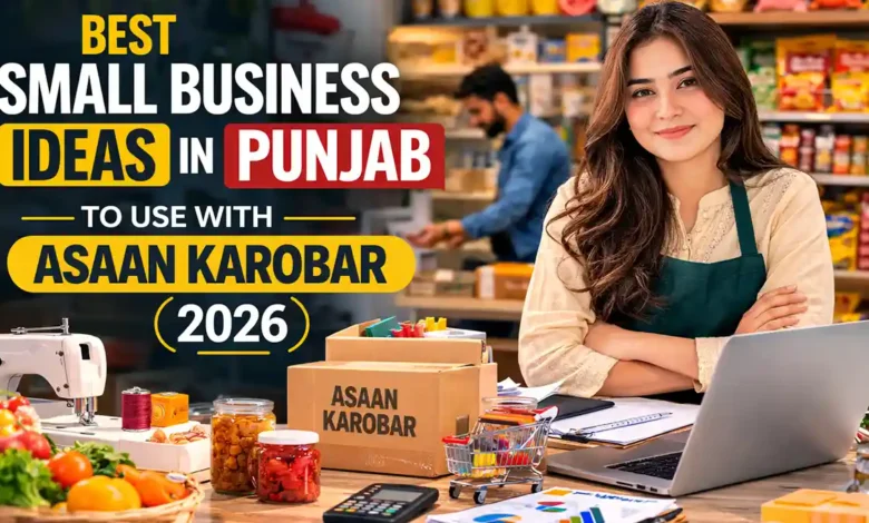 Young Pakistani entrepreneur in a modern small business workspace in Punjab with grocery products, sewing machine, laptop, and e-commerce parcels
