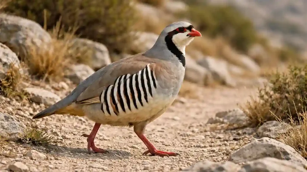 Chukar partridge walking on a dry rocky mountain trail in Pakistan with scrub vegetation in the background