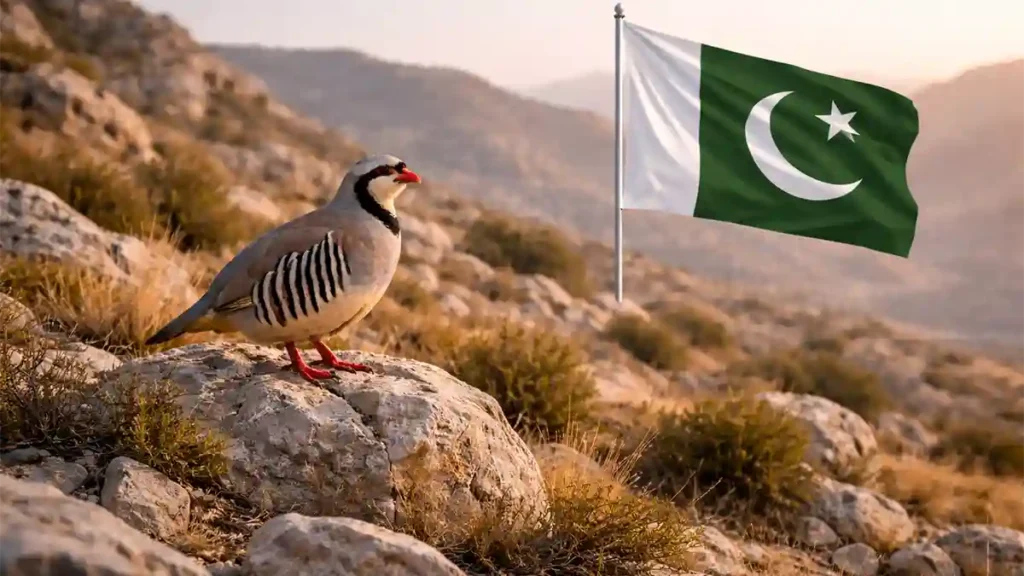 Chukar partridge perched on a rocky ridge in Pakistan with a wide mountain habitat view at sunrise