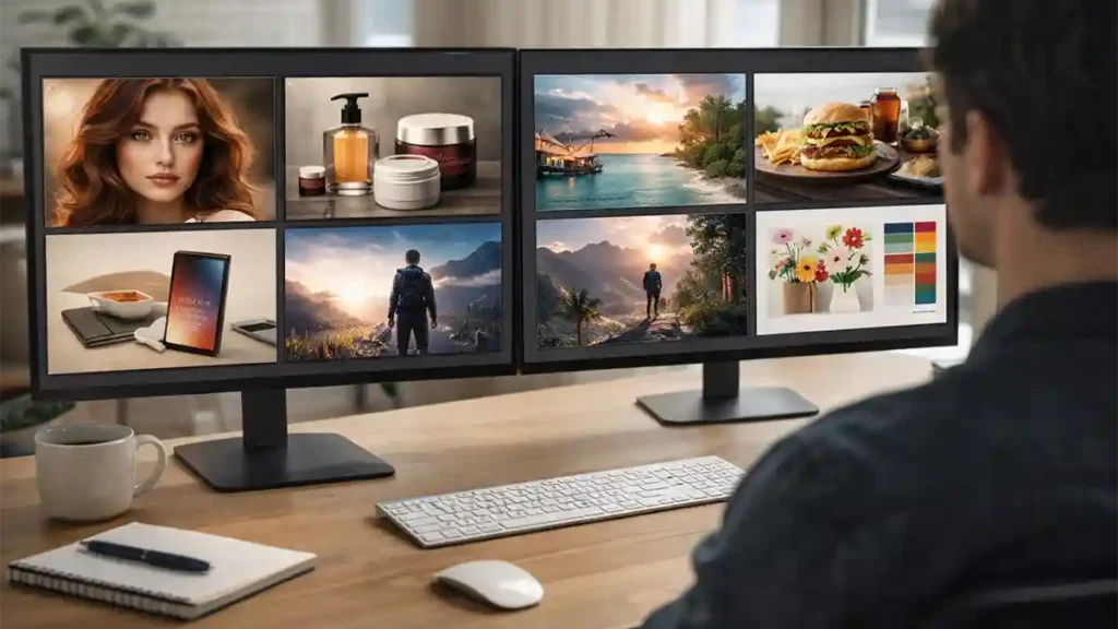 Person reviewing AI-generated images on two desktop monitors in a bright modern workspace with notebook, keyboard, and coffee mug