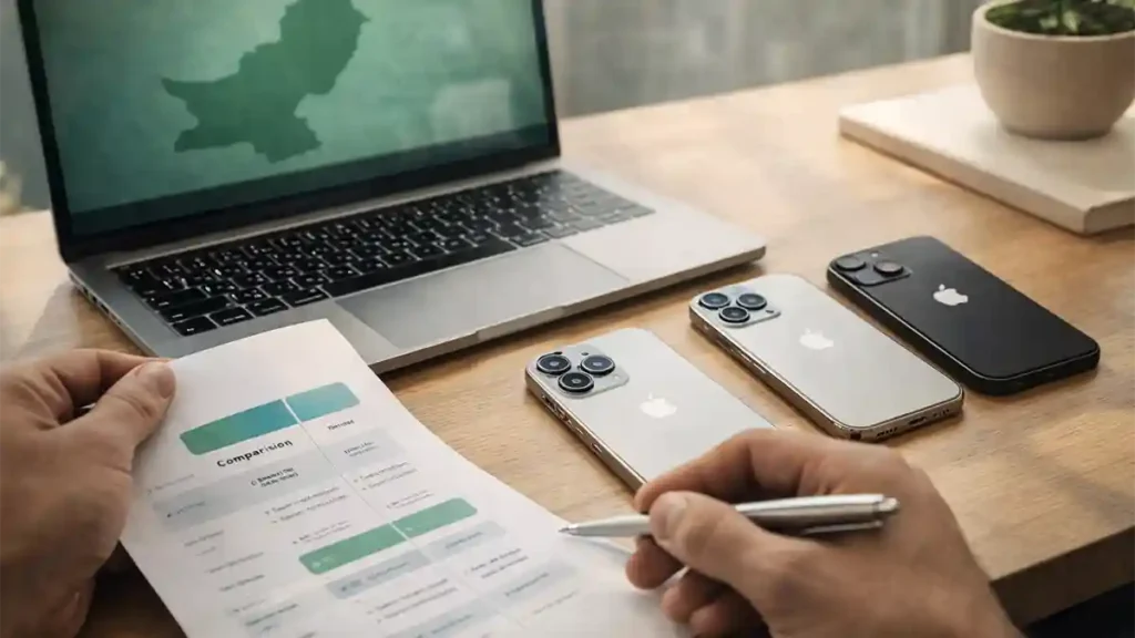 Person comparing iPhone models on a desk in Pakistan using a laptop and printed notes before choosing between PTA and non-PTA options