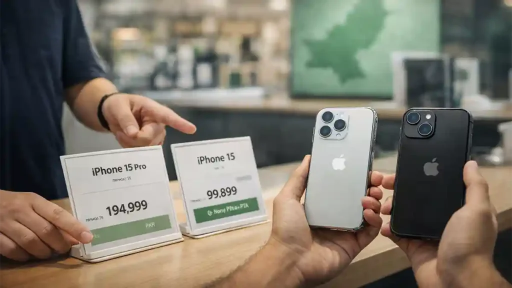 Customer comparing two iPhones at a mobile phone shop in Pakistan with price cards showing PTA and non-PTA options