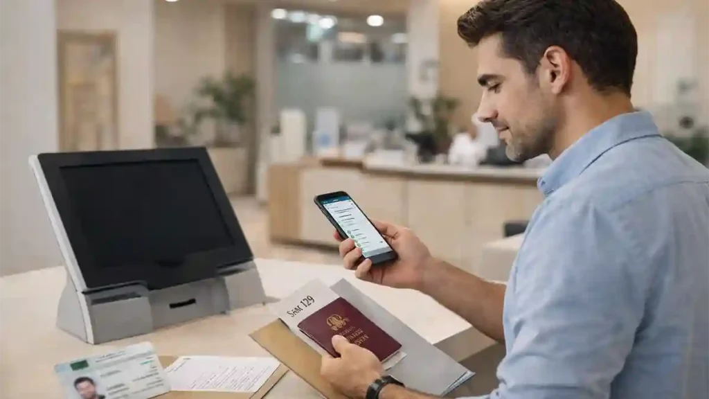Expat in Saudi Arabia checking Iqama renewal details on a smartphone at a modern service counter with passport and documents