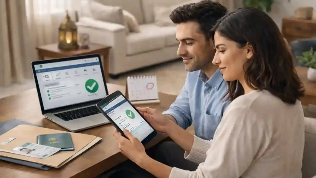 Expat couple in Saudi Arabia reviewing Iqama renewal details on a tablet and laptop in a modern living room