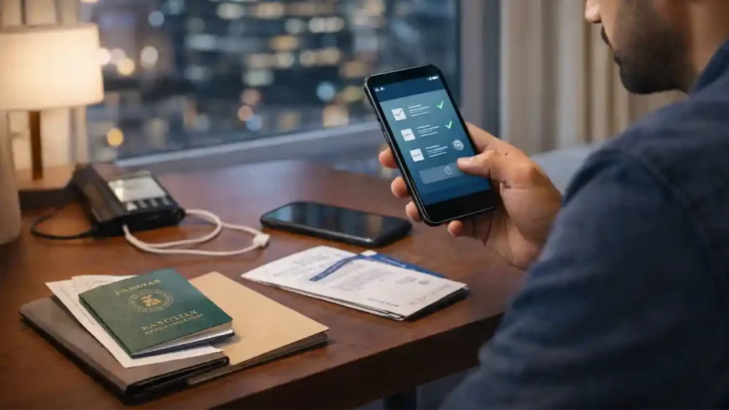 Overseas Pakistani traveler using the FIA EMI app in a hotel room with passport, phone, and travel documents before departure