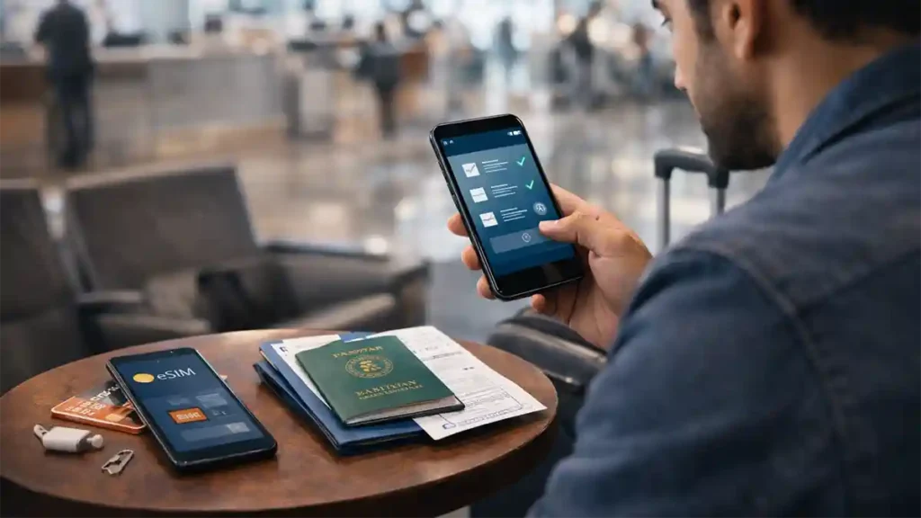 Pakistani traveler using the FIA EMI app at an airport with passport, boarding pass, second phone, and eSIM setup before departure