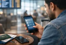Pakistani traveler using the FIA EMI app at an international airport with passport, boarding pass, and mobile SIM setup