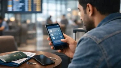 Pakistani traveler using the FIA EMI app at an international airport with passport, boarding pass, and mobile SIM setup