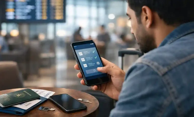 Pakistani traveler using the FIA EMI app at an international airport with passport, boarding pass, and mobile SIM setup