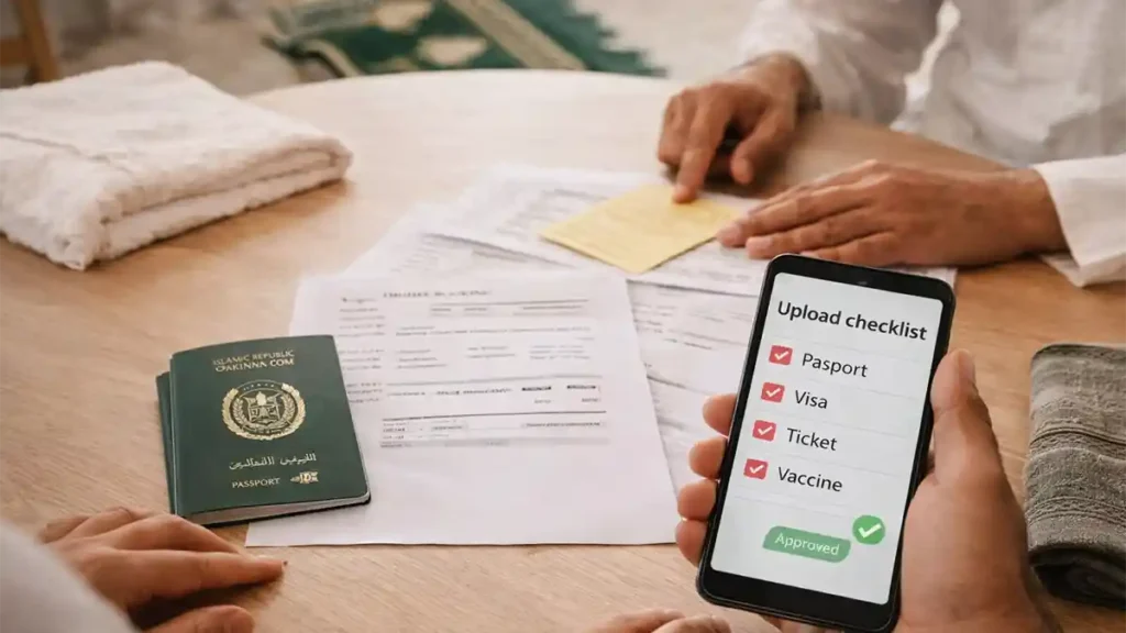 Pakistani family preparing Umrah or Hajj documents at home with passport papers and a phone showing an upload checklist for the FIA EMI App Pakistan
