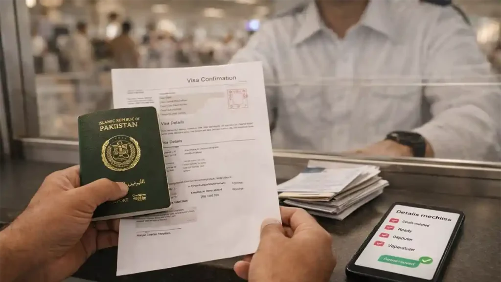 Hands holding a Pakistan passport and visa confirmation at an airport counter with a phone showing ready for departure status for FIA EMI App Pakistan verification