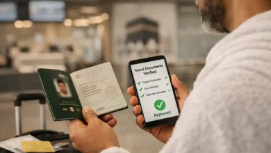 Umrah traveler at a Pakistan airport holding a passport and phone showing travel documents verified in the FIA EMI App Pakistan