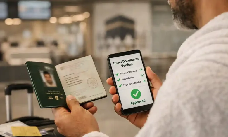 Umrah traveler at a Pakistan airport holding a passport and phone showing travel documents verified in the FIA EMI App Pakistan