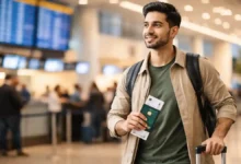 Young Pakistani traveler at an international airport holding passport and boarding pass for first international trip from Pakistan in 2026