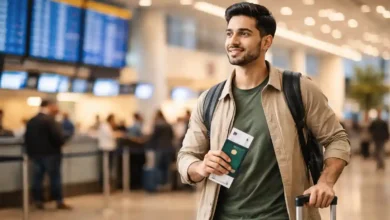 Young Pakistani traveler at an international airport holding passport and boarding pass for first international trip from Pakistan in 2026