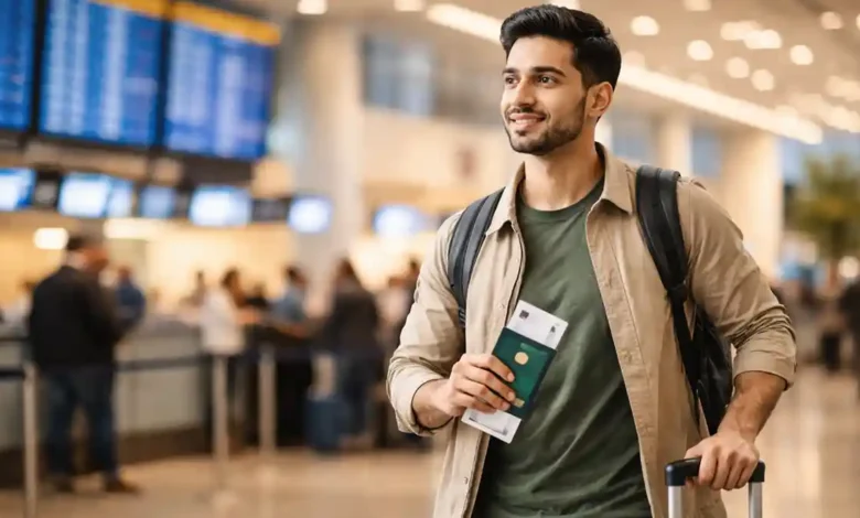 Young Pakistani traveler at an international airport holding passport and boarding pass for first international trip from Pakistan in 2026