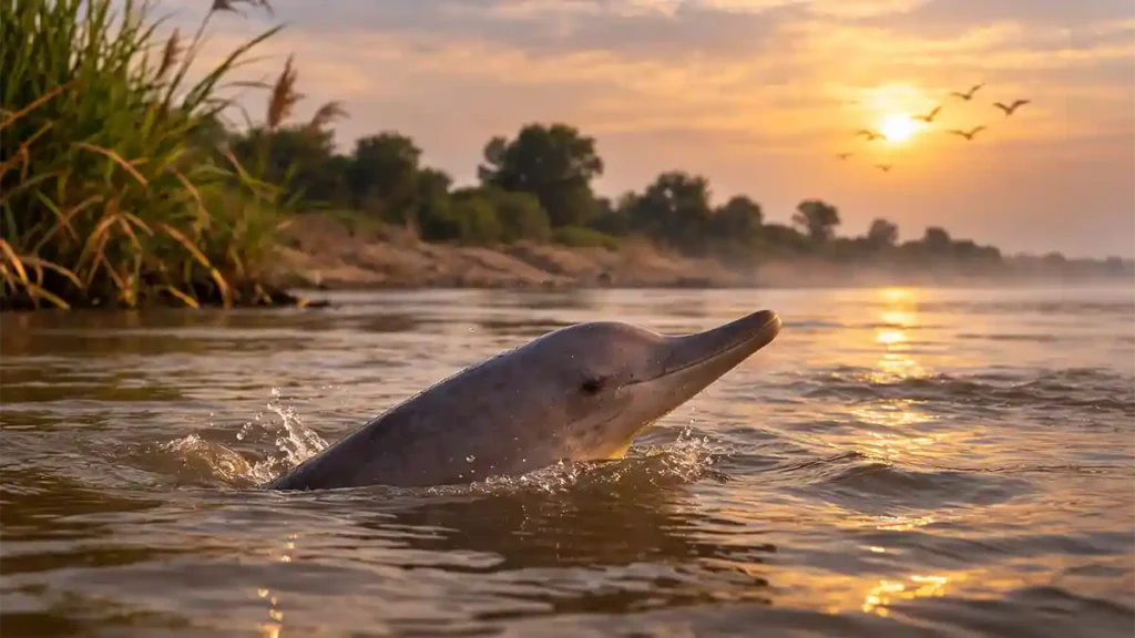 Indus River dolphin surfacing in the muddy waters of Pakistan’s Indus River at sunrise