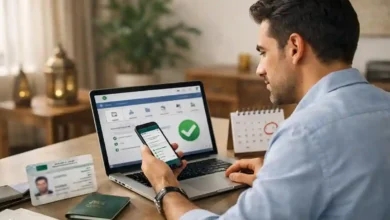 Expat in Saudi Arabia checking Iqama renewal details on Absher using a smartphone and laptop at a desk