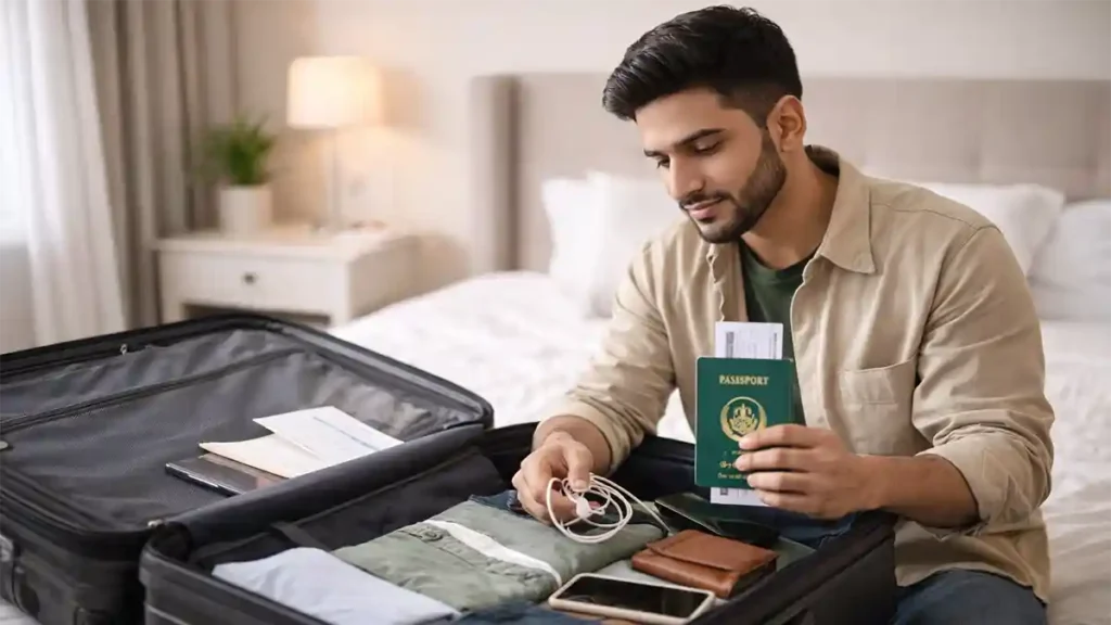 Young Pakistani traveler packing suitcase with passport, boarding pass, clothes, phone, and travel essentials before an international trip in 2026