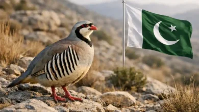 Chukar partridge (Pakistan’s national bird) standing on a rocky mountain hillside with the Pakistan flag in the background