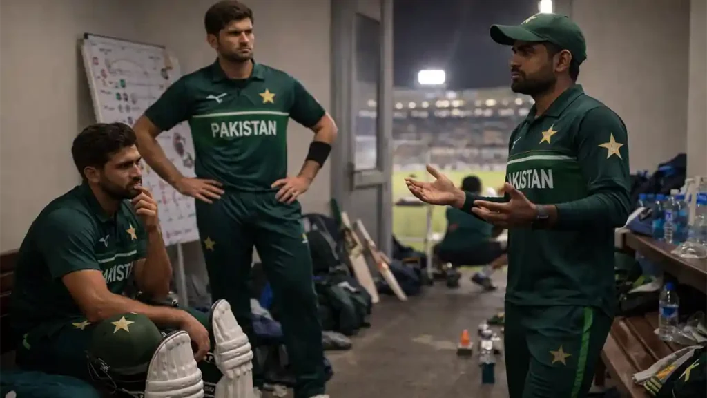 Pakistan cricket players in a dressing room discussion after a match, reviewing tactics and performance during a serious team meeting