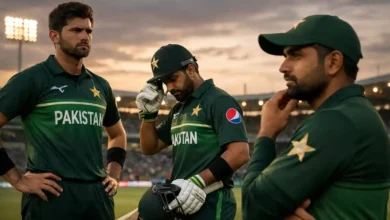 Pakistan national cricket players standing on the field in a stadium during an intense match moment, showing focus, pressure, and reflection in 2026