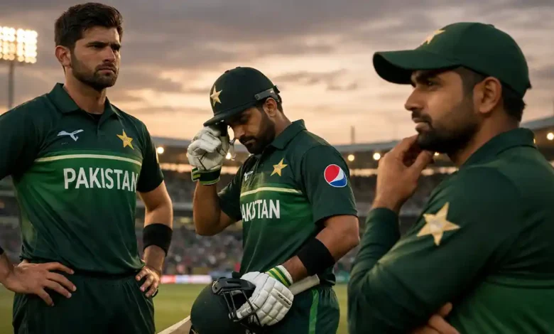 Pakistan national cricket players standing on the field in a stadium during an intense match moment, showing focus, pressure, and reflection in 2026