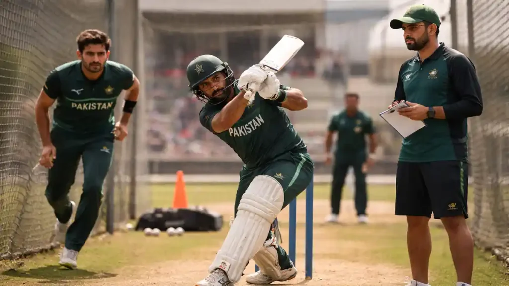 Pakistan cricket players during a professional net practice session, with a batter playing a shot, a fast bowler in run-up, and a coach observing closely