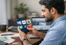 Pakistani man using smartphone for government apps with ID card, passport, and documents on desk