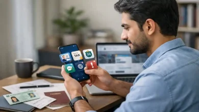 Pakistani man using smartphone for government apps with ID card, passport, and documents on desk