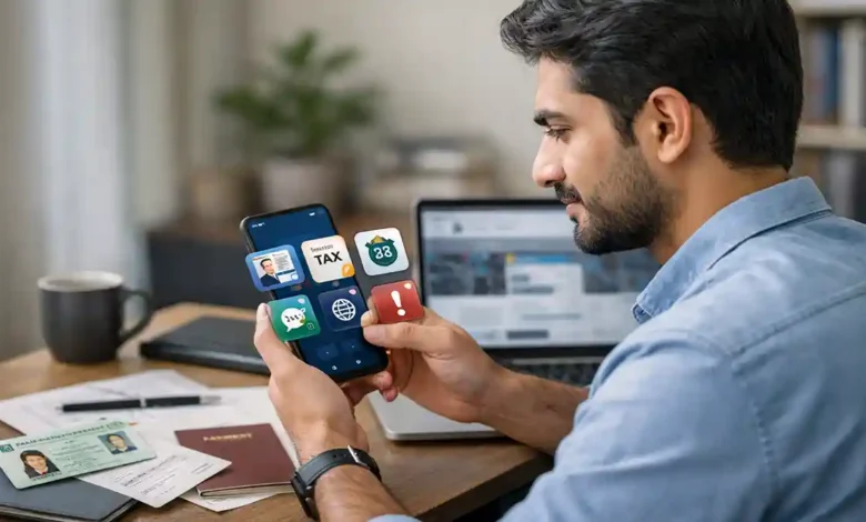 Pakistani man using smartphone for government apps with ID card, passport, and documents on desk