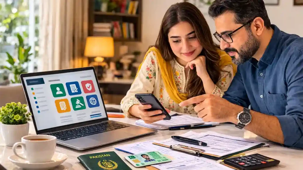 Pakistani couple using smartphone and laptop at home for government app services with documents, passport, and papers on table