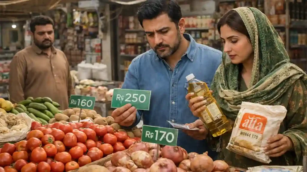 Pakistani couple comparing tomato, onion, flour and cooking oil prices at a local market during inflation in 2026