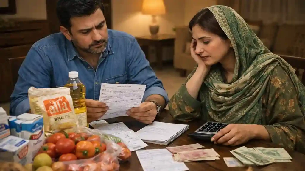 Pakistani family reviewing grocery receipts, utility bills and essential food items at home during inflation in 2026