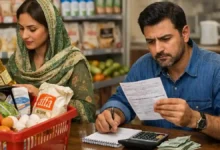 Pakistani couple reviewing grocery costs and an electricity bill while shopping for household essentials during inflation in 2026