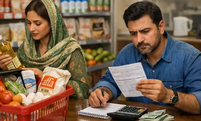 Pakistani couple reviewing grocery costs and an electricity bill while shopping for household essentials during inflation in 2026