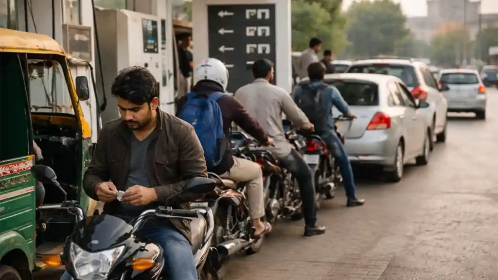 Man on a motorcycle counting cash while waiting for fuel at a busy petrol station in Pakistan, with cars and bikes lined up behind him.