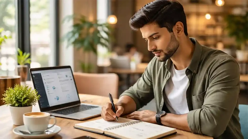 Young Pakistani freelancer working on a laptop and writing notes in a modern co-working space with coffee and smartphone on desk