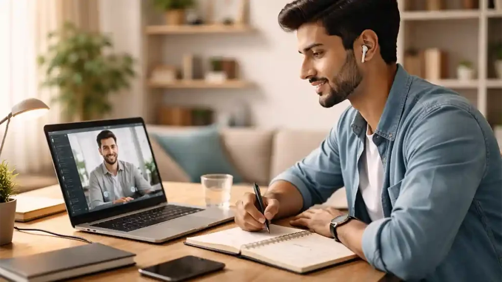 Young Pakistani freelancer attending an online client meeting on a laptop from a neat home office desk with notebook and coffee